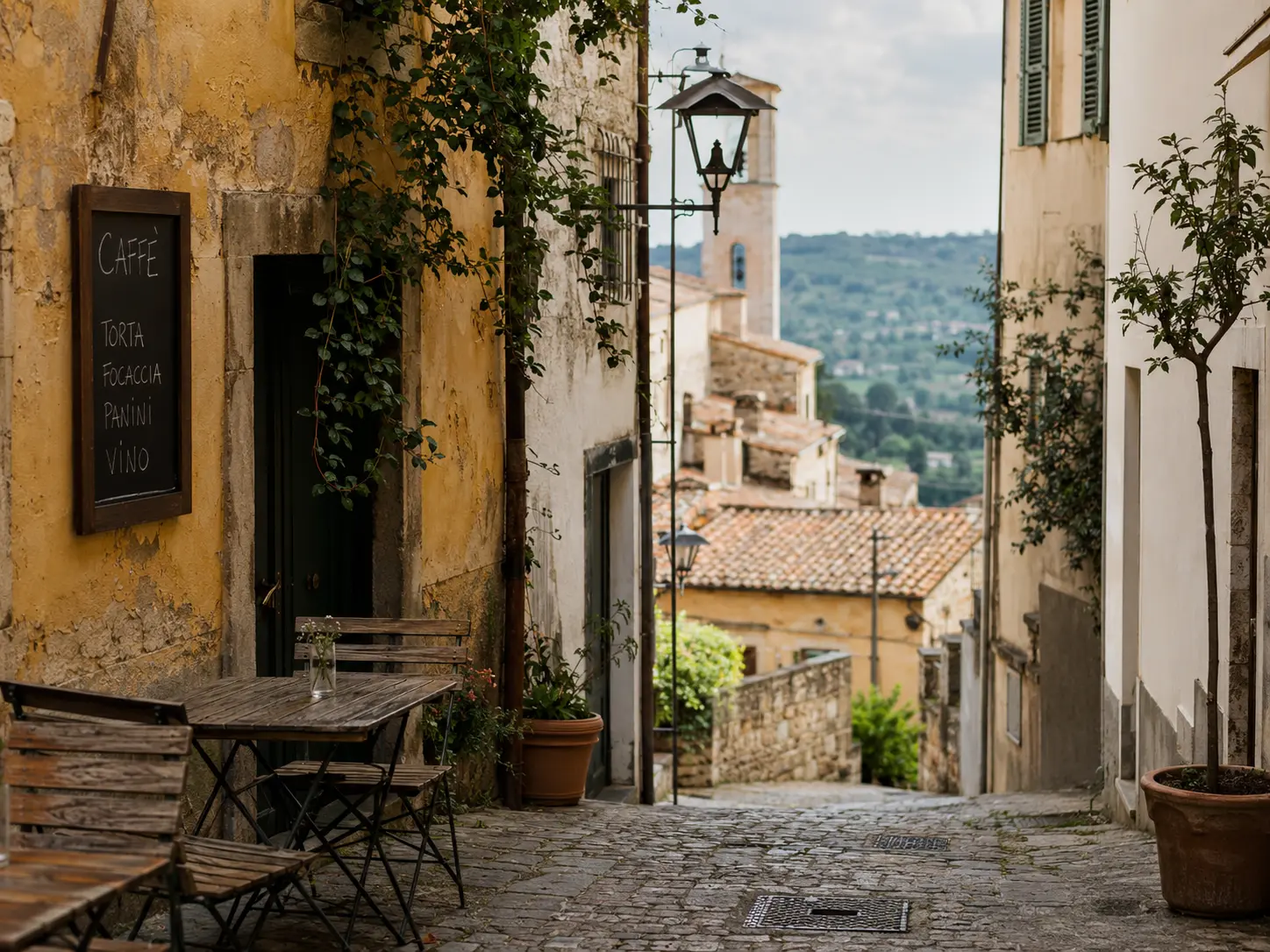 A quiet Italian alley with a cafe, cobblestones and a view over terracotta rooftops